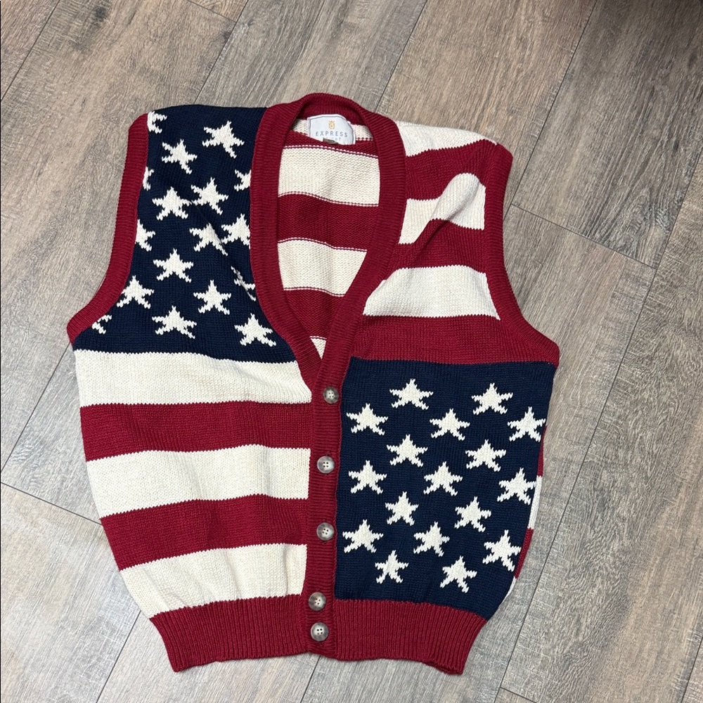 Vintage Express Tricot Made in USA 100% Cotton American Flag Knit Vest w Stars